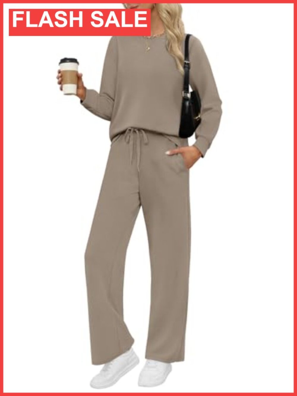 Wide Leg 2-Piece Lounge Set Crew Neck Top & Pants Travel Outfit